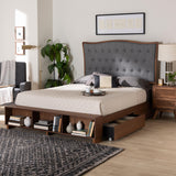 Baxton Studio Kalare Classic Transitional Grey Fabric and Walnut Brown Finished Wood Queen Size Platform Storage Bed