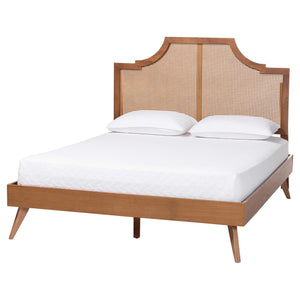 Baxton Studio Baxton Rodolfo Platform Bed With Woven Rattan Headboard, Mid-Century Scalloped Design, Queen MG9774/9704-Queen
