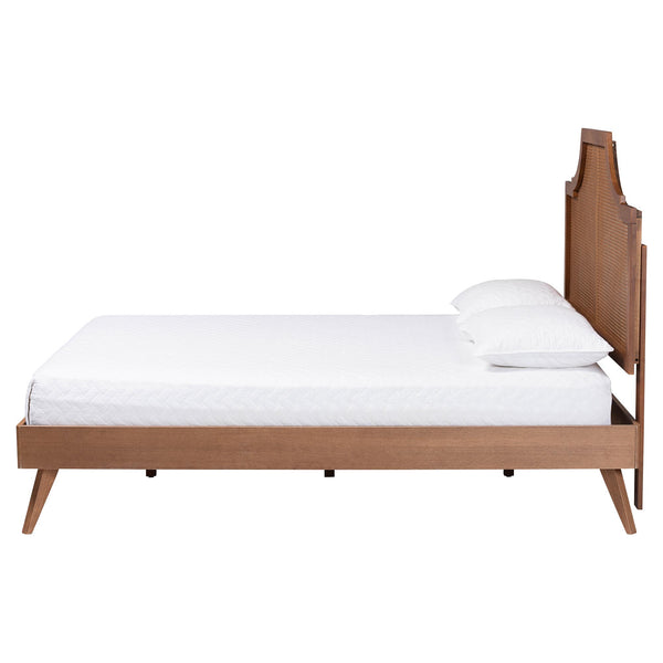Baxton Studio Baxton Rodolfo Platform Bed With Woven Rattan Headboard, Mid-Century Scalloped Design, Queen MG9774/9704-Queen