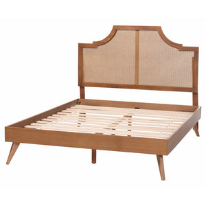 Baxton Studio Baxton Rodolfo Platform Bed With Woven Rattan Headboard, Mid-Century Scalloped Design, Queen MG9774/9704-Queen