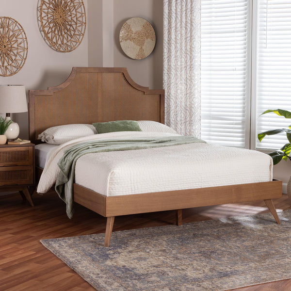 Baxton Studio Baxton Rodolfo Platform Bed With Woven Rattan Headboard, Mid-Century Scalloped Design, Queen MG9774/9704-Queen