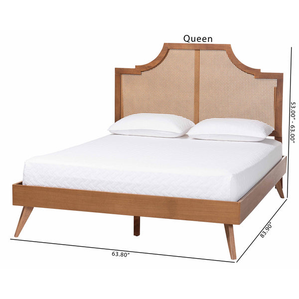 Baxton Studio Baxton Rodolfo Platform Bed With Woven Rattan Headboard, Mid-Century Scalloped Design, Queen MG9774/9704-Queen