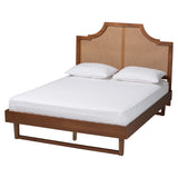 Francine Mid-Century Modern Ash Walnut Woven Rattan Bed