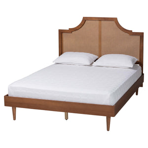 Baxton Studio Macaria Mid-Century Modern Ash Walnut Woven Rattan King Size Bed