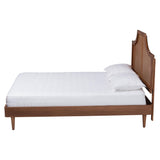 Baxton Studio Macaria Mid-Century Modern Ash Walnut Woven Rattan King Size Bed