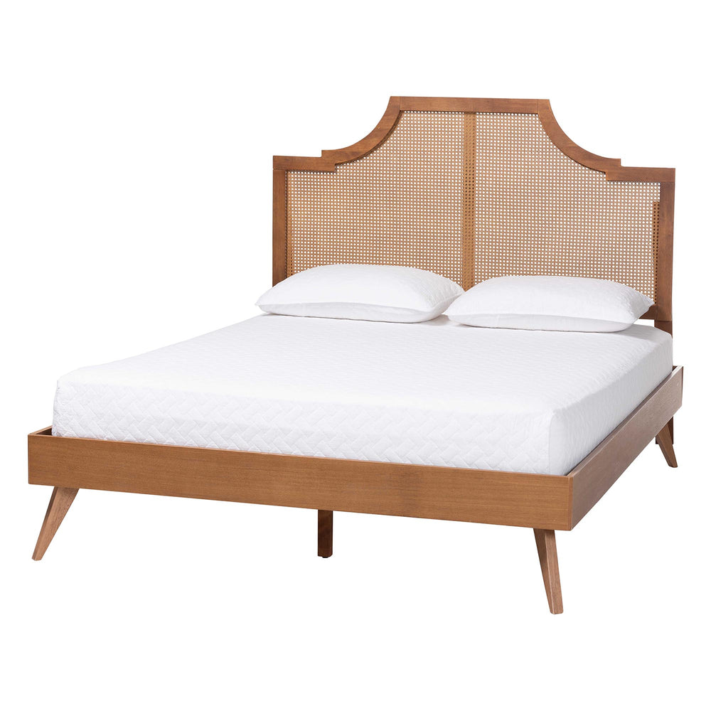 Baxton Studio Baxton Rodolfo King Platform Bed With Woven Rattan Headboard, Adjustable Height, Mid-Century Charm MG9774/9704-King