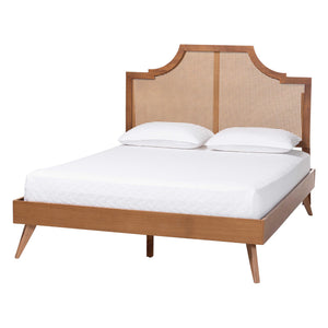 Baxton Studio Baxton Rodolfo King Platform Bed With Woven Rattan Headboard, Adjustable Height, Mid-Century Charm MG9774/9704-King
