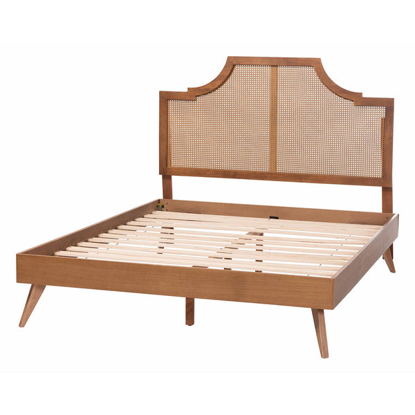 Baxton Studio Baxton Rodolfo King Platform Bed With Woven Rattan Headboard, Adjustable Height, Mid-Century Charm MG9774/9704-King