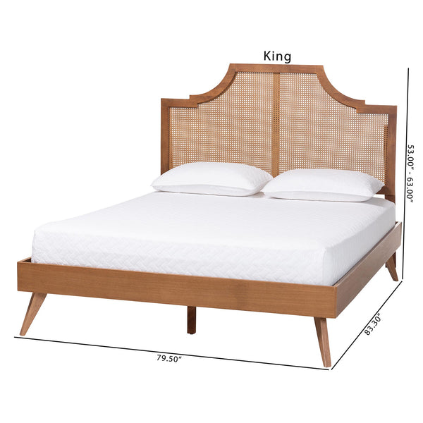 Baxton Studio Baxton Rodolfo King Platform Bed With Woven Rattan Headboard, Adjustable Height, Mid-Century Charm MG9774/9704-King