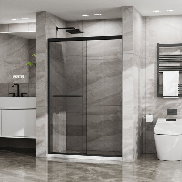 English Elm Goodyo Double Sliding Glass Shower Door - 48" W X 72" H, Matte Black Aluminum Frame, Easy Access D163107684
