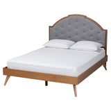 Blanchard Mid-Century Modern Grey Fabric and Walnut Brown Wood Size Platform Bed
