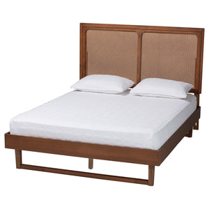 Baxton Studio Rondell Mid-Century Modern Ash Walnut Woven Rattan King Size Bed