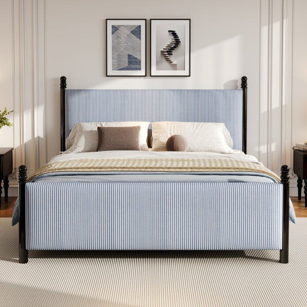 English Elm 48-inch Rubberwood Upholstered Queen Bed Vintage Sphere Post Padded Headboard N769P364057B