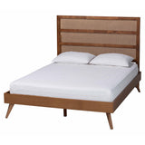 Fuller Mid-Century Walnut Brown Finished Wood Platform Bed with Woven Rattan