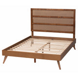 Baxton Studio Fuller Mid-Century Walnut Brown Finished Wood King Size Platform Bed with Woven Rattan