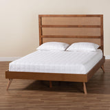 Baxton Studio Fuller Mid-Century Walnut Brown Finished Wood King Size Platform Bed with Woven Rattan