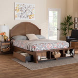 Baxton Studio Darcila Mid-Century Walnut Brown Wood and Rattan King Size Storage Bed