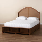 Baxton Studio Darcila Mid-Century Walnut Brown Wood and Rattan King Size Storage Bed