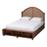 Darcila Mid-Century Walnut Brown Wood and Rattan Size Storage Bed