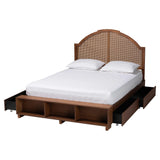 Baxton Studio Darcila Mid-Century Walnut Brown Wood and Rattan King Size Storage Bed