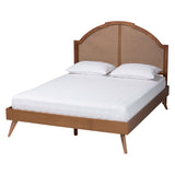 Ridgely Mid-Century Walnut Brown Wood and Rattan Size Platform Bed