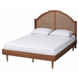 Mendel Mid-Century Walnut Brown Wood and Rattan Size Platform Bed