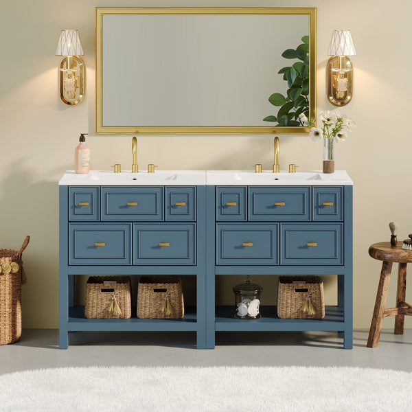 English Elm 60'' Bathroom Vanity Set With Ceramic Sink – Stylish Freestanding Storage Cabinet In Blue Finish N710SS00004C