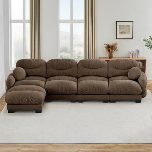 English Elm Pleated Chenille Sectional Sofa with Ottoman Ergonomic Foam Curved Armrests Living Room Brown W5656S00062