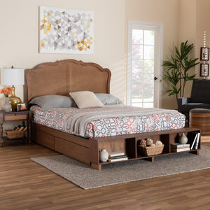 Baxton Studio Baxton Studio Latrell Mid-Century Walnut Storage Bed with Rattan Headboard and Organized Design Queen MG9773-1/6001-1S-Queen