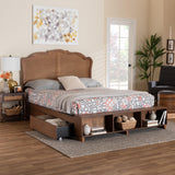 Baxton Studio Latrell Mid-Century Walnut Brown Wood and Rattan King Size Storage Bed