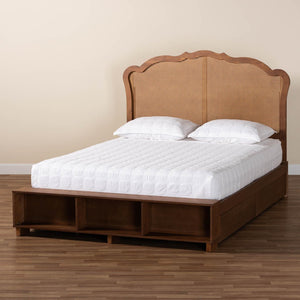 Baxton Studio Baxton Studio Latrell Mid-Century Walnut Storage Bed with Rattan Headboard and Organized Design Queen MG9773-1/6001-1S-Queen