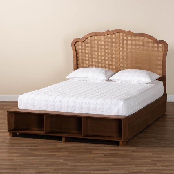 Baxton Studio Baxton Studio Latrell Mid-Century Walnut Storage Bed with Rattan Headboard and Organized Design Queen MG9773-1/6001-1S-Queen