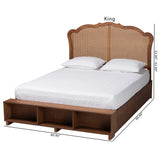 Baxton Studio Latrell Mid-Century Walnut Brown Wood and Rattan King Size Storage Bed