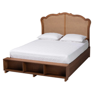 Baxton Studio Latrell Mid-Century Walnut Brown Wood and Rattan King Size Storage Bed