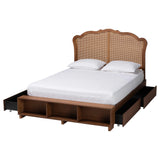 Baxton Studio Latrell Mid-Century Walnut Brown Wood and Rattan King Size Storage Bed