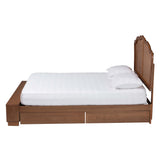 Baxton Studio Latrell Mid-Century Walnut Brown Wood and Rattan King Size Storage Bed