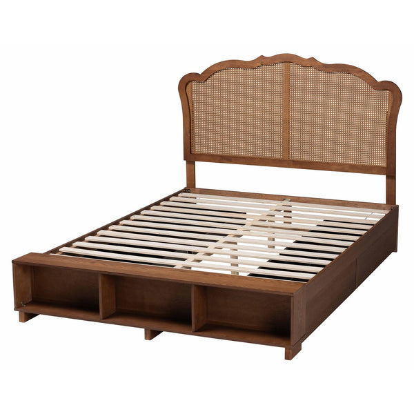 Baxton Studio Baxton Studio Latrell Mid-Century Walnut Storage Bed with Rattan Headboard and Organized Design Queen MG9773-1/6001-1S-Queen