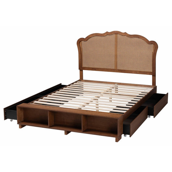 Baxton Studio Baxton Studio Latrell Mid-Century Walnut Storage Bed with Rattan Headboard and Organized Design Queen MG9773-1/6001-1S-Queen