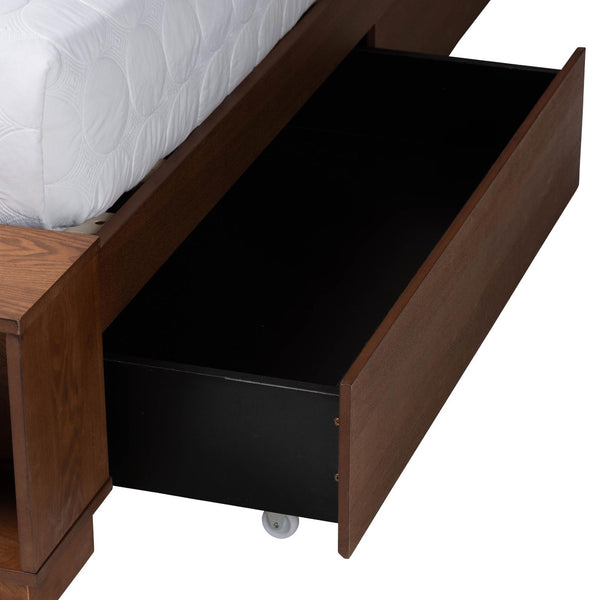 Baxton Studio Baxton Studio Latrell Mid-Century Walnut Storage Bed with Rattan Headboard and Organized Design Queen MG9773-1/6001-1S-Queen