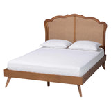 Aithan Mid-Century Walnut Brown Wood and Rattan Size Platform Bed