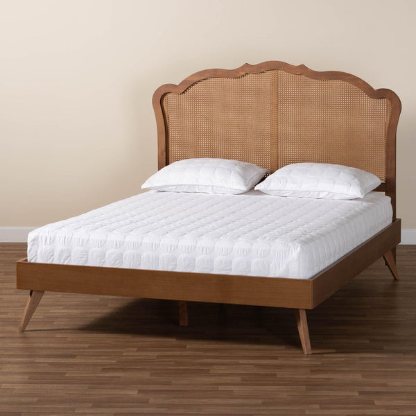 Baxton Studio Baxton Studio Mid-Century Walnut Brown Rattan Platform Bed with Adjustable Headboard for Style Aithan King MG9773-1/9704-King