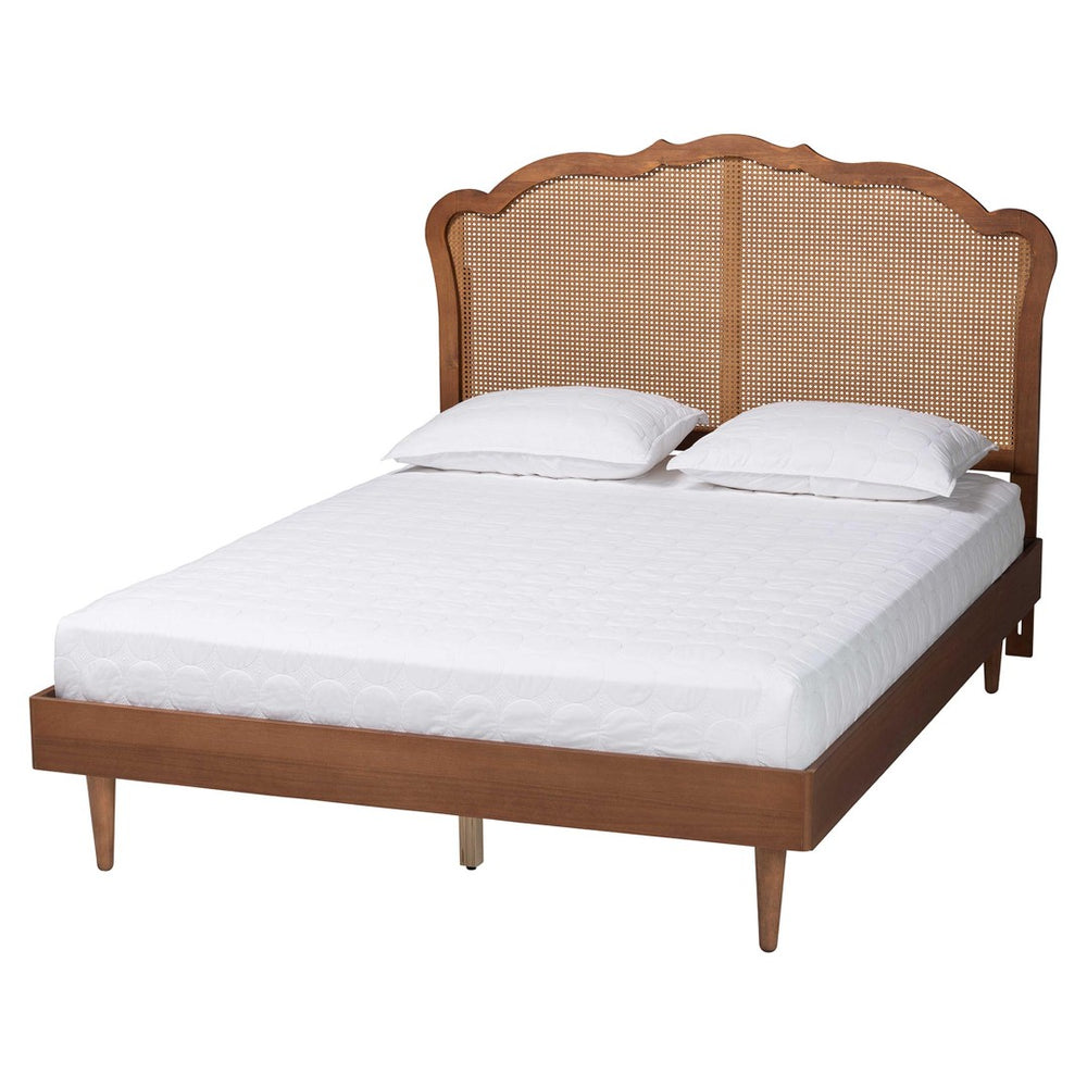 Baxton Studio Baxton Studio Mid-Century Queen Platform Bed in Walnut Brown with Stylish Rattan Headboard Design MG9773-1/97151-Queen