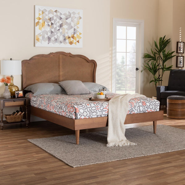 Baxton Studio Baxton Studio Mid-Century Queen Platform Bed in Walnut Brown with Stylish Rattan Headboard Design MG9773-1/97151-Queen