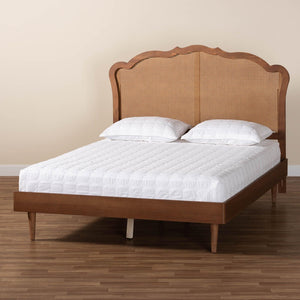 Baxton Studio Baxton Studio Mid-Century Queen Platform Bed in Walnut Brown with Stylish Rattan Headboard Design MG9773-1/97151-Queen
