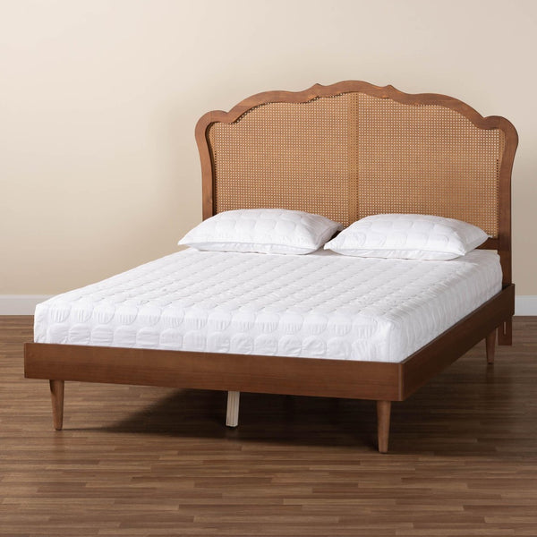 Baxton Studio Baxton Studio Mid-Century Queen Platform Bed in Walnut Brown with Stylish Rattan Headboard Design MG9773-1/97151-Queen
