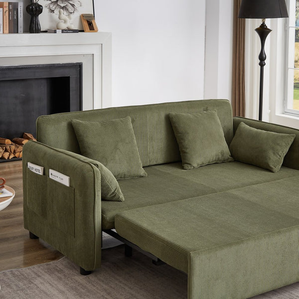 English Elm FX'' 66 Inch Sleeper Sofa Bed 3-in-1 Convertible Pullout Sofa with Plush Corduroy, 4 Pillows, Pockets Green W1926S00057