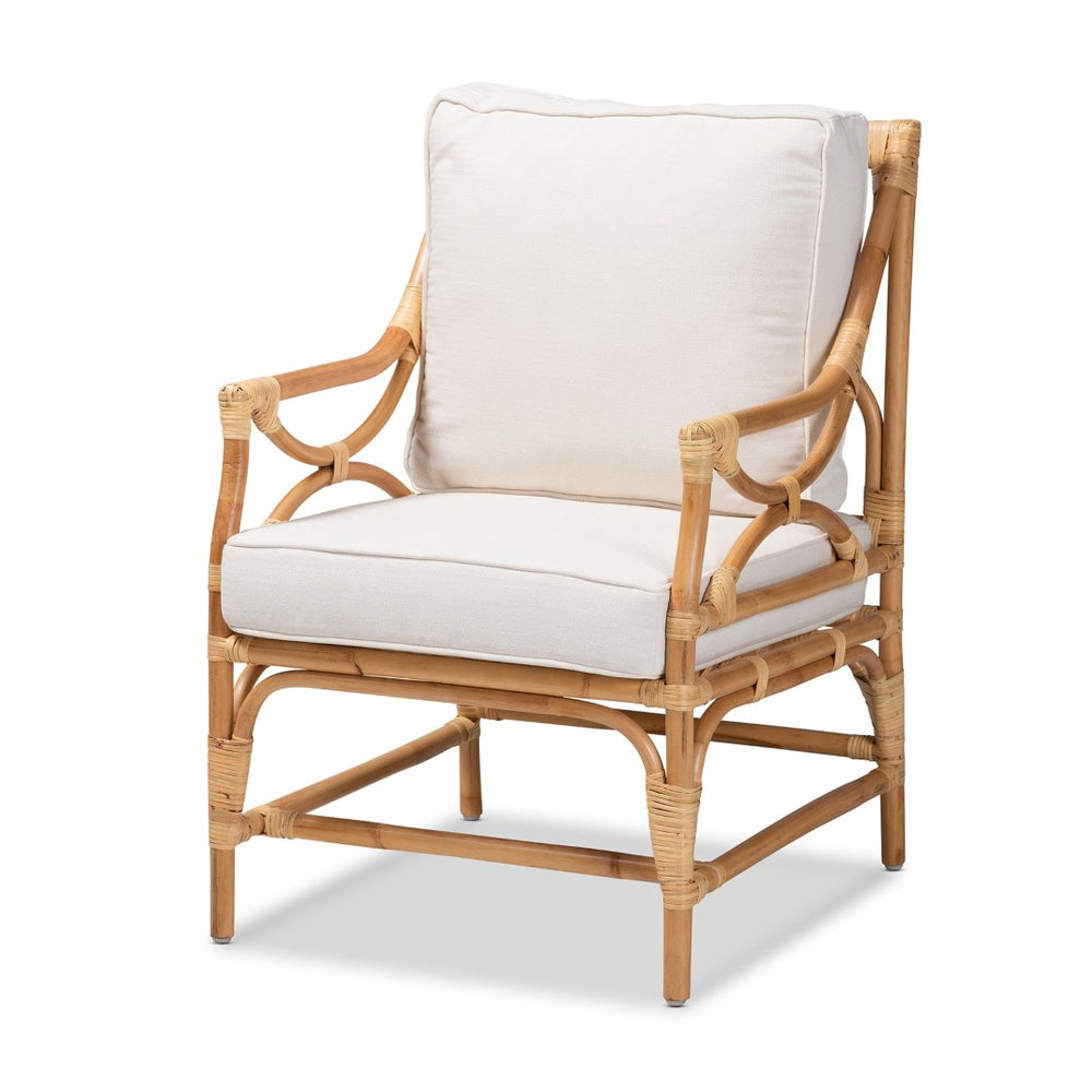 Baxton Studio bali Brandon Modern Bohemian Armchair - White Upholstered Rattan Chair for Relaxed Tropical Vibes Brandon-Rattan-Armchair