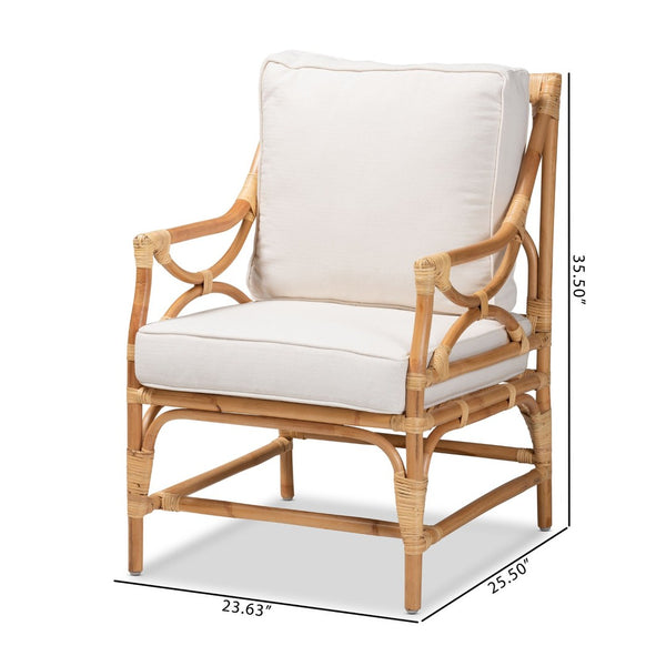Baxton Studio bali Brandon Modern Bohemian Armchair - White Upholstered Rattan Chair for Relaxed Tropical Vibes Brandon-Rattan-Armchair