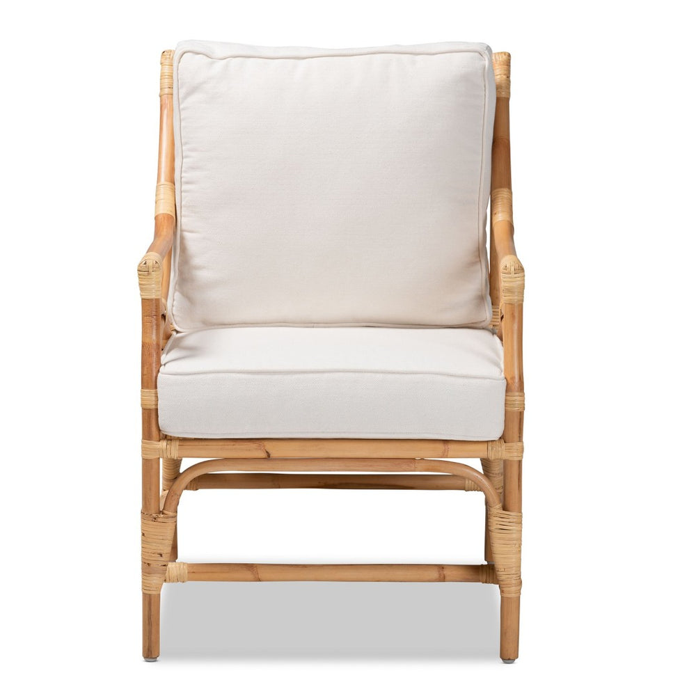 Baxton Studio bali Brandon Modern Bohemian Armchair - White Upholstered Rattan Chair for Relaxed Tropical Vibes Brandon-Rattan-Armchair