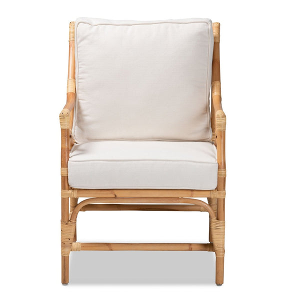 Baxton Studio bali Brandon Modern Bohemian Armchair - White Upholstered Rattan Chair for Relaxed Tropical Vibes Brandon-Rattan-Armchair